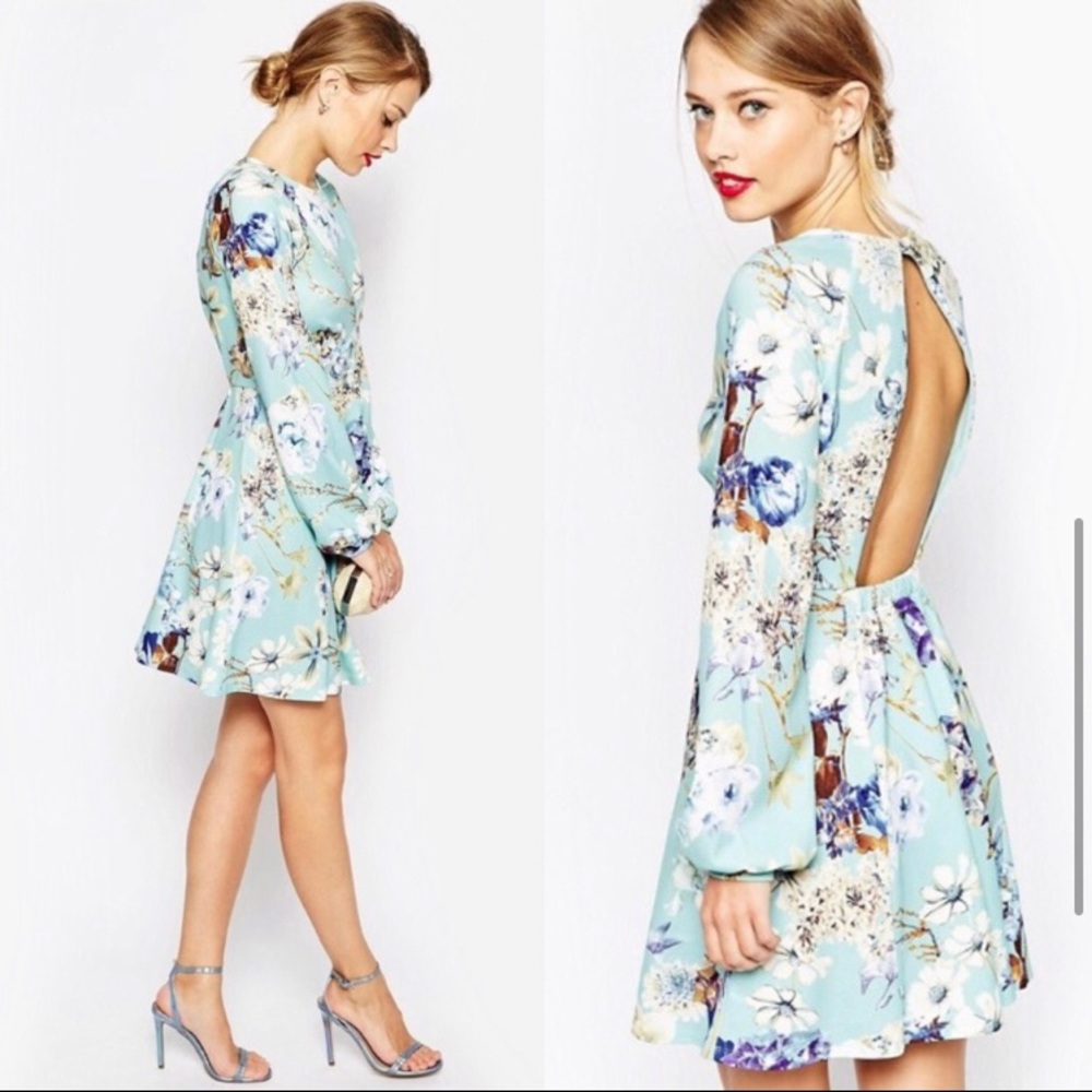 Backless balloon sleeve teal floral ASOS Dress